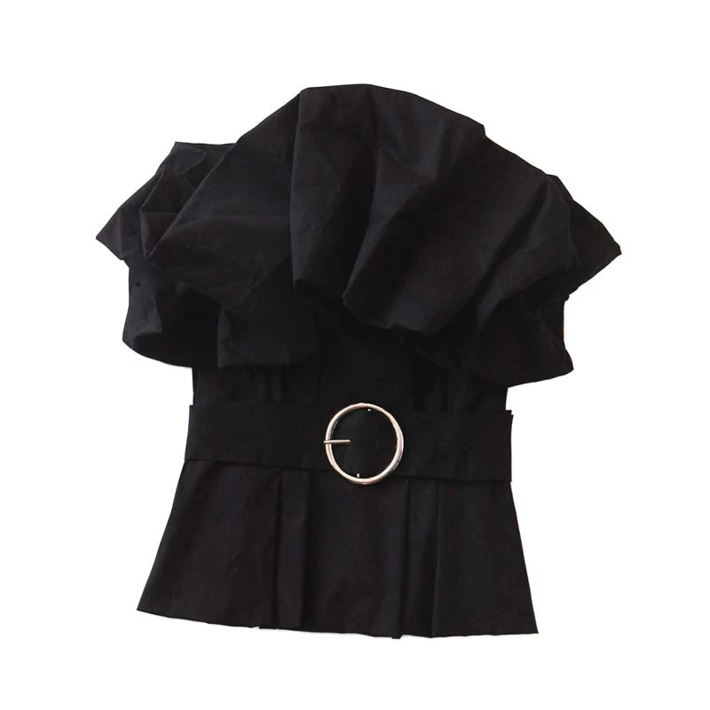 

ZXQB Vintage Sexy Rufffled With Belt Tops Women Blouses 2019 Fashion Sleeveless Side Zipper Strapless Shirts Casual Blusas Mujer
