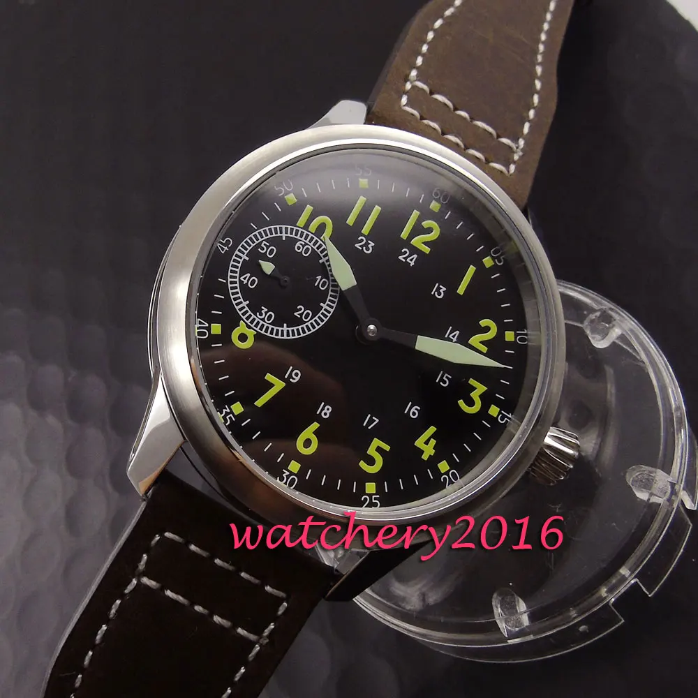 

Brushed 45mm Parnis black dial yellow numbers Newest Stainless steel case 17 jewels 6497 hand winding movement Men's Watch