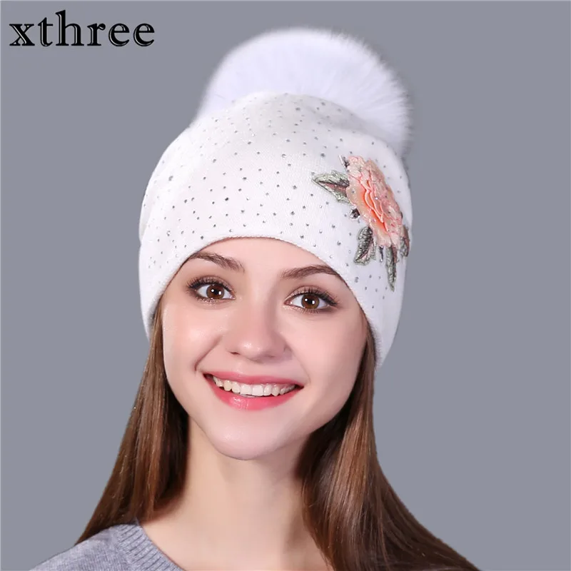 Xthree женская зимняя шапка, Модная вязаная шапка с вышивкой, шапка для женщин, натуральный Лисий мех, помпон, шерстяная шапка Skullie, шапка для девочек gorro