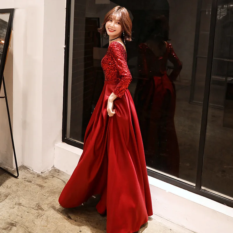 Это YiiYa вечернее платье блестящие маленьких блёстки дизайн цвет красного вина Вечерние платья с О-образным вырезом на шнуровке Длинные вечерние платья E138