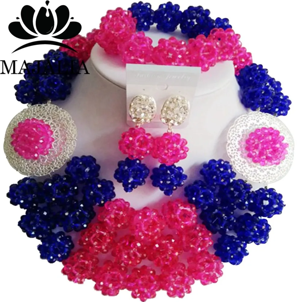 

Trendy Nigeria Wedding Hot Pink african beads jewelry set crystal necklace bracelet earrings Free shipping Majalia-082