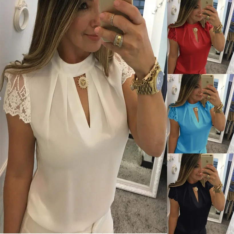 

Women Blouses Lace Short sleeve Stand Sliod Plus Size chiffon Shirt white Blusas Mujer De Moda Summer Tops maxi red black