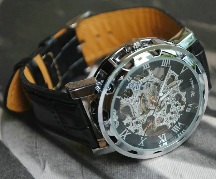 Black Leather Band Stainless Steel Skeleton Mechanical Watch