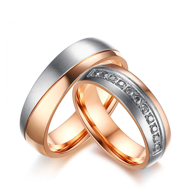 

6MM Rose Gold Couple Titanium Stainless Steel Promise Engagement Wedding Bands for Him and Her Women Cubic Zirconia CZ Rings