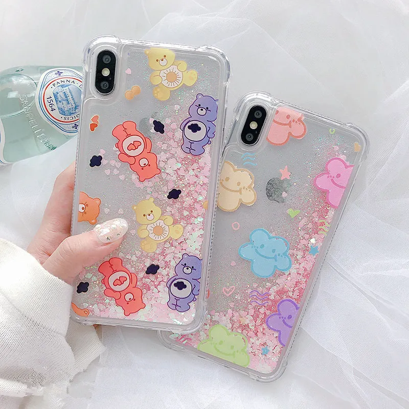 

Bear quicksand glitter women case for iPhone7 7plus 8plus dynamic liquid love heart cover for iphone 7 8 6 6s plus xr xs max x