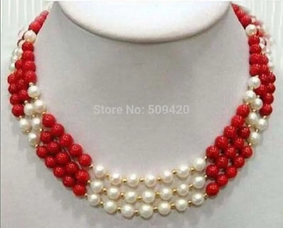 

~~ W&O655 > 3 Rows Real White Pearl Red Coral 18KGP Clasp Necklace 17:-19