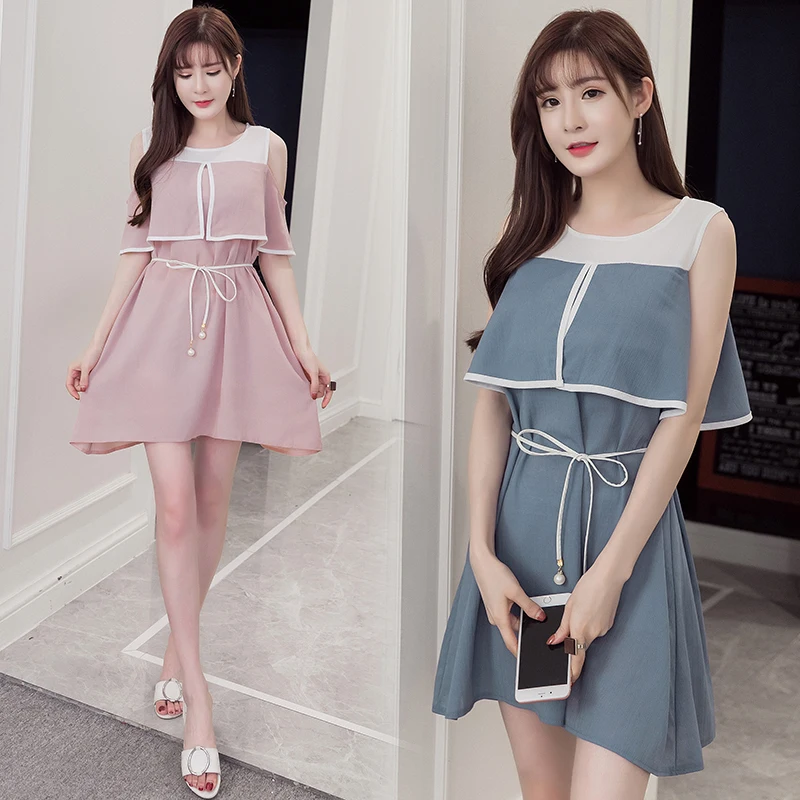 Summer Korean Fashion Maternity Nursing Dress Sweet Ties Waist Chiffon