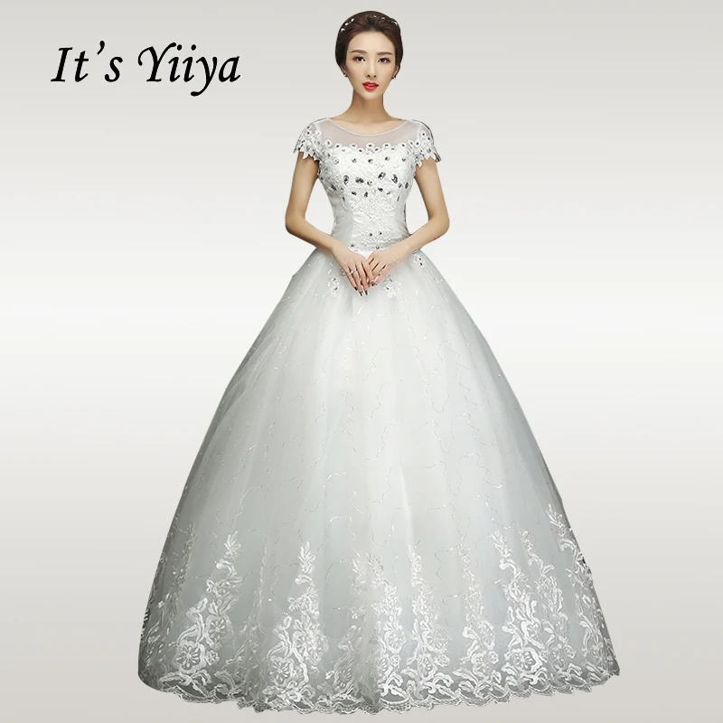 Это Yiya свадебное платье круглый вырез короткий рукав Элегантные Свадебные платья кристалл плюс размер белый длинный Vestido de novia XXN146 - Цвет: Белый