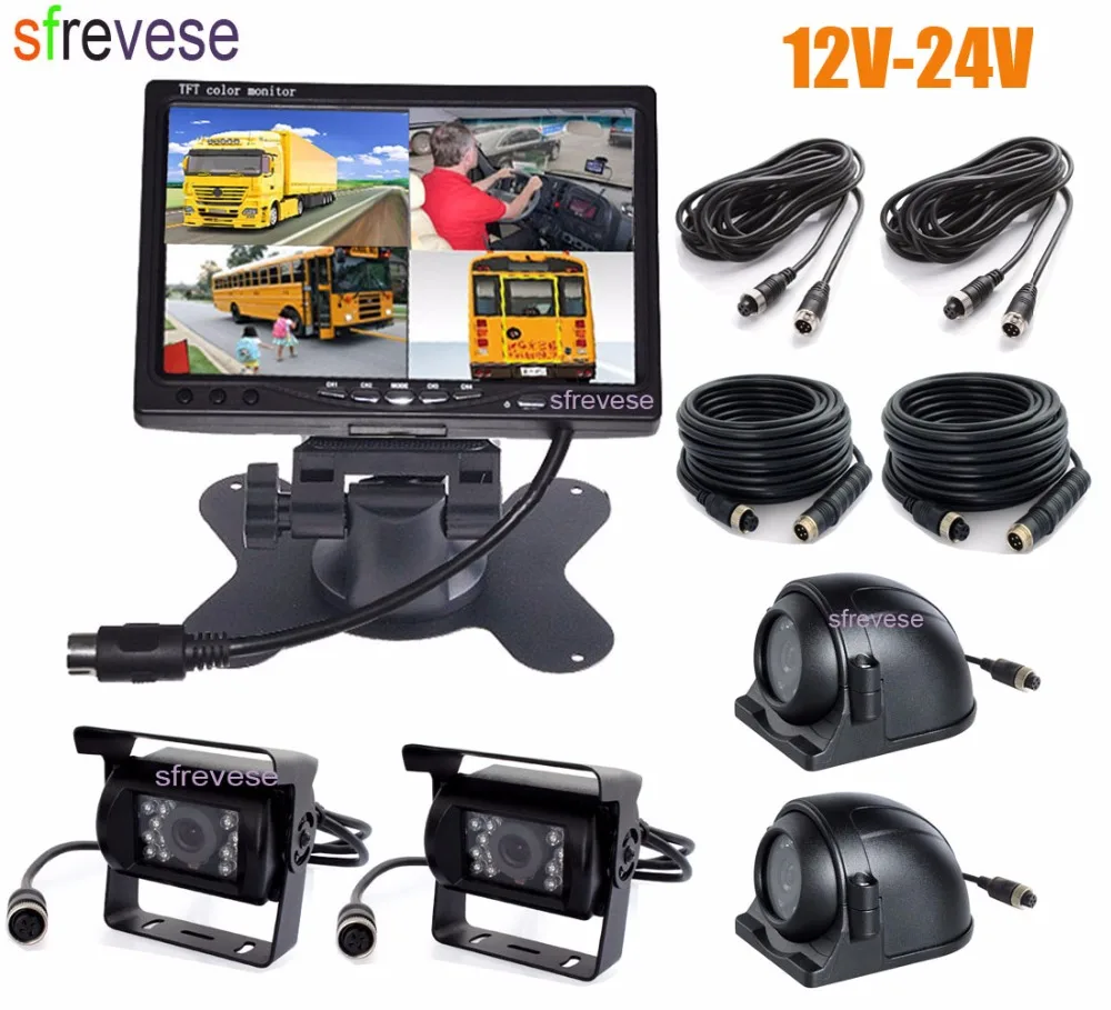 4x 4Pin IR Car Front Side Rear View Reversing Backup Parking Camera+ 7 LCD 1/2/3/4CH Quad Split Monitor for Bus Truck Motorhome split side tee