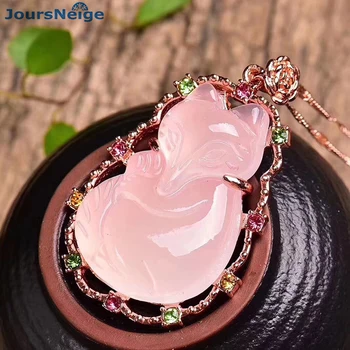 

Dropshipping Natural Pink Crystal Carved Fox Pendant Clavicle Chain Necklace Female models Fashion Jewelry