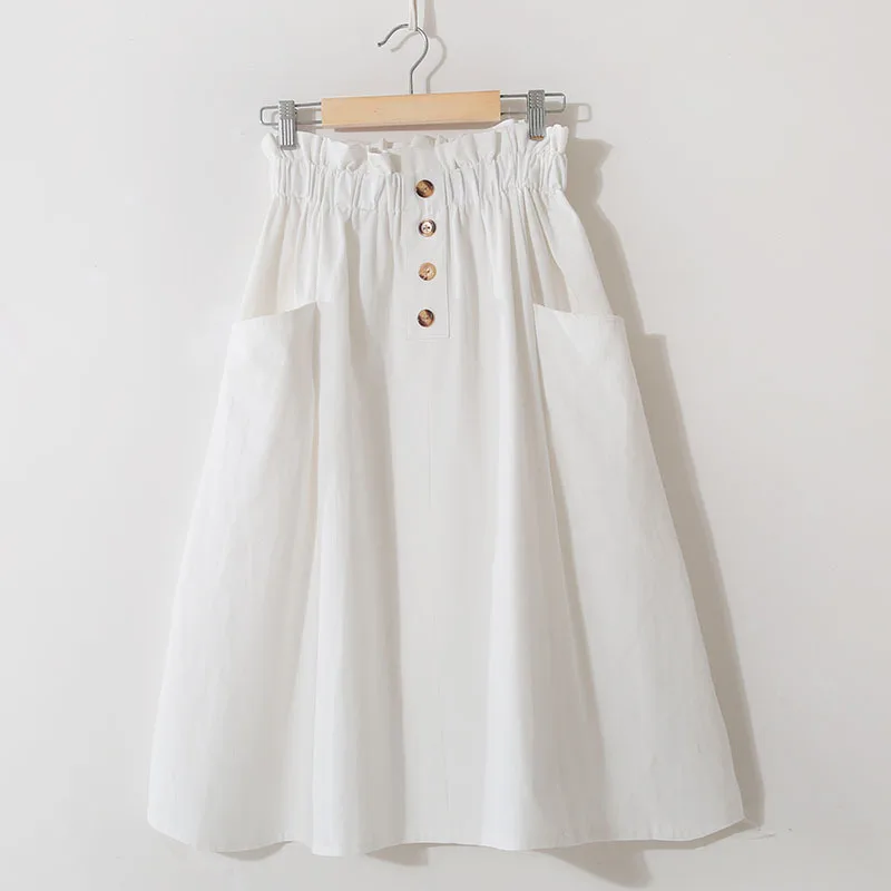 Белый Fashion Women School Skirt Button A-line Summer Pocket Skirt Female Knee Length High Waist Midi Skirt - Цвет: Белый
