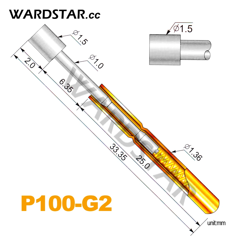 100pcs P100-G2 Dia 1.5mm Spring Test Probes Pogo Pin Length 33.35mm (Stroke Froce:180g) Wholesale | Инструменты
