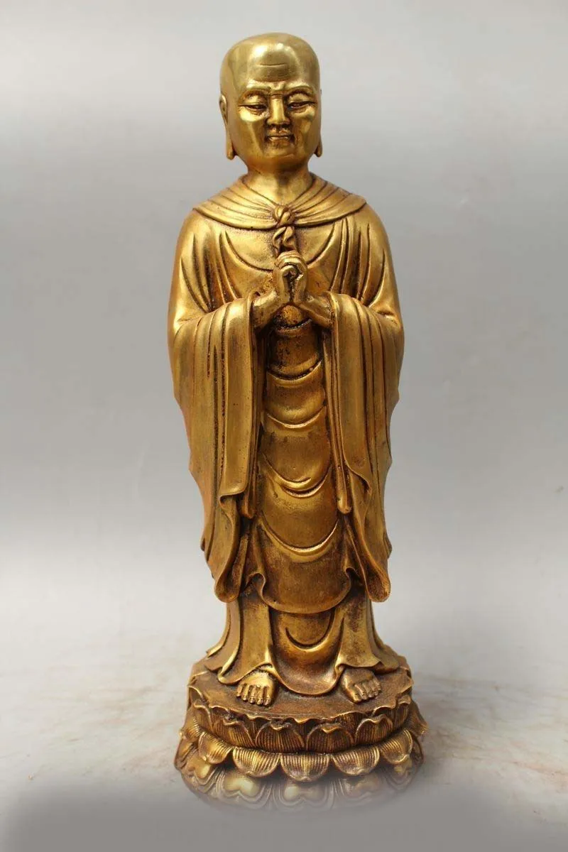

15" Chinese Buddhism Bronze Gild Buddhist Monk Bonze Shaveling Statue Sculpture