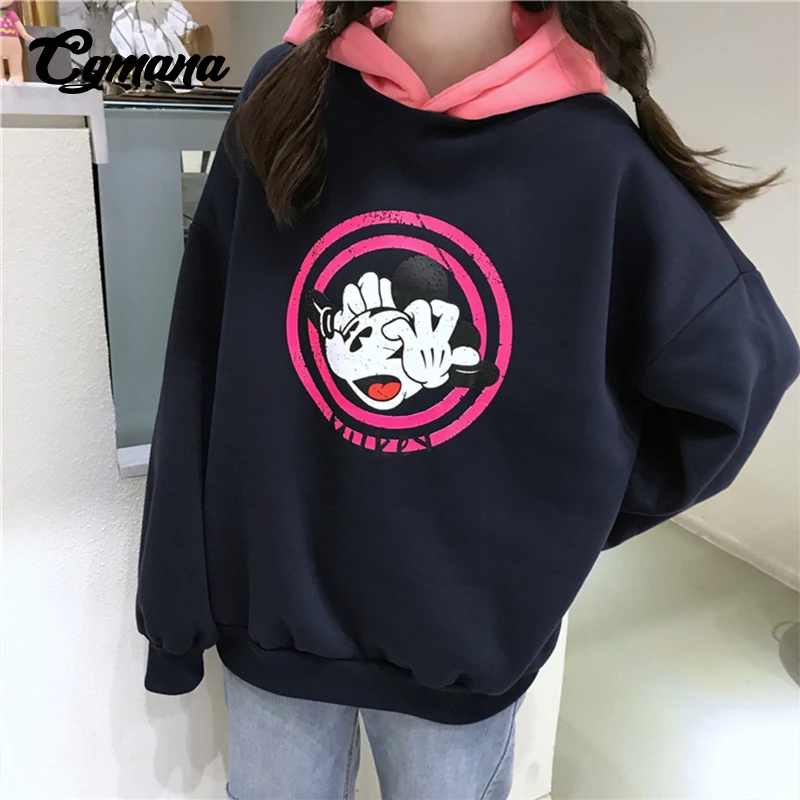 CGMANA Hoodies For Women 2018 New Color Matching Kawaii Mickey Hooded Plus Velvet Sweatshirt Female Harajuku Student  Hoodies