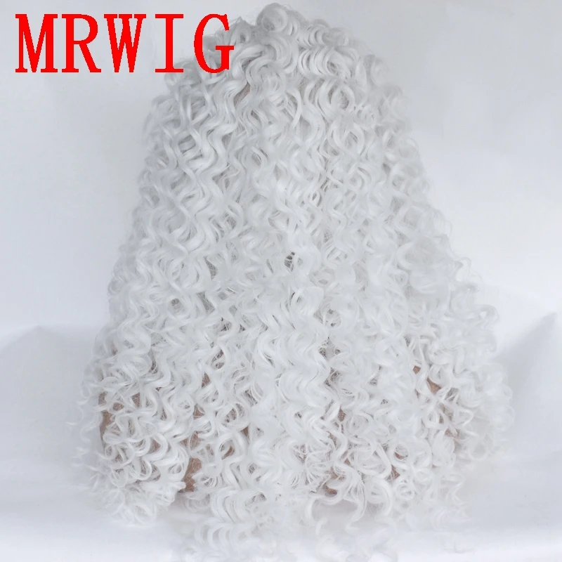 MRWIG white hair color synthetic kinky curly lace front wig middle part 26in 180%density cosplay hair wig