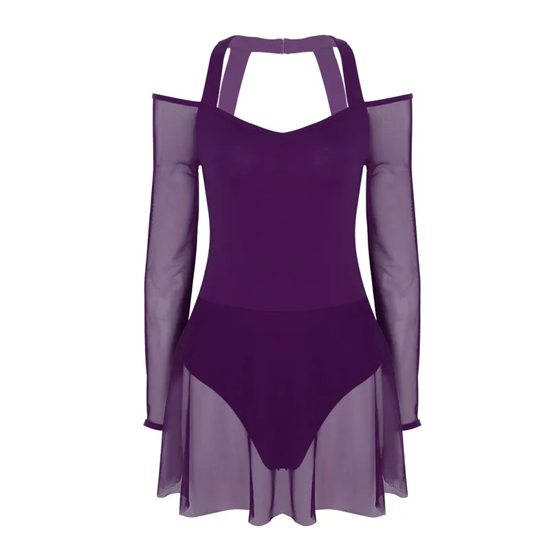 Женское боди с длинным рукавом и открытой спиной для взрослых, трико с длинным рукавом, балетное танцевальное платье - Цвет: Purple