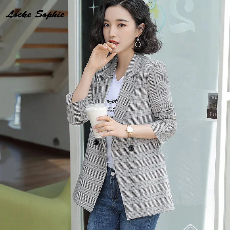 1pcs Women's Plus size Slim fit Blazers coats 2019 Autumn cotton blend plaid Small Suits jackets ladies Skinny Blazers Suits
