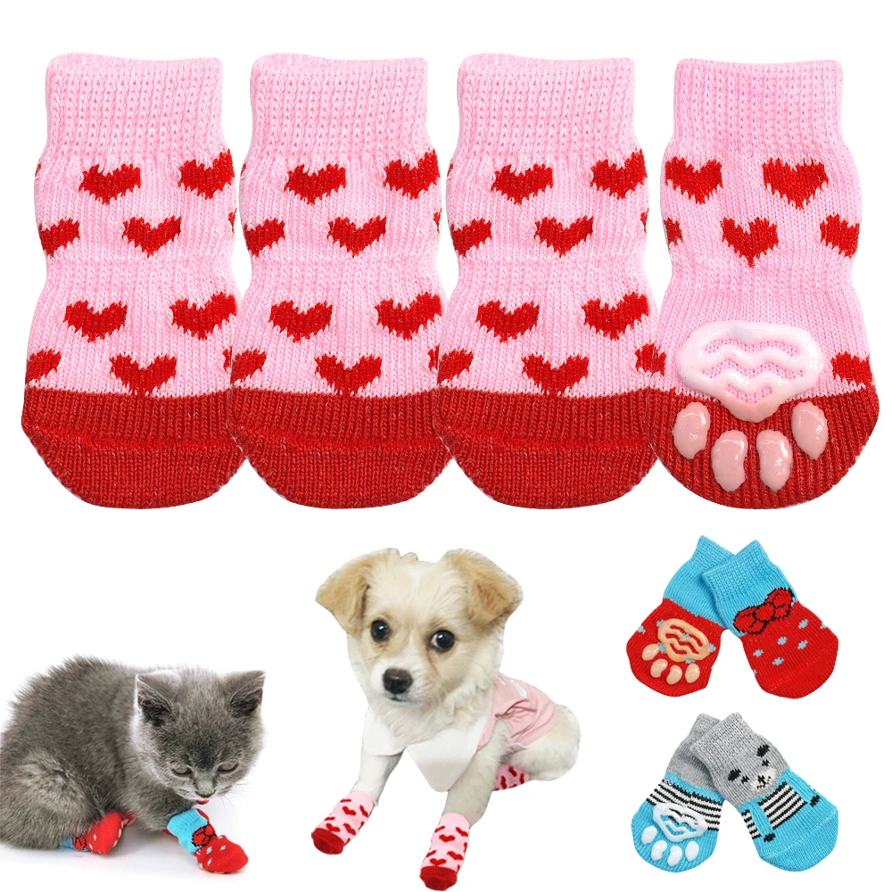 4 шт., вязаные носки с котенком и котом теплая зимняя обувь для щенка нескользящий носок для питомца обувь для маленьких собак кошки