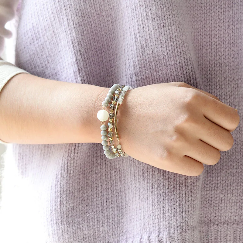 BOJIU 3 Pcs/Set Trendy Bracelets For Women Crystal White Quartz Gold Tube Tiny Beads Copper Nuggets Bracelet Jewelry BCSET179 - Image 2