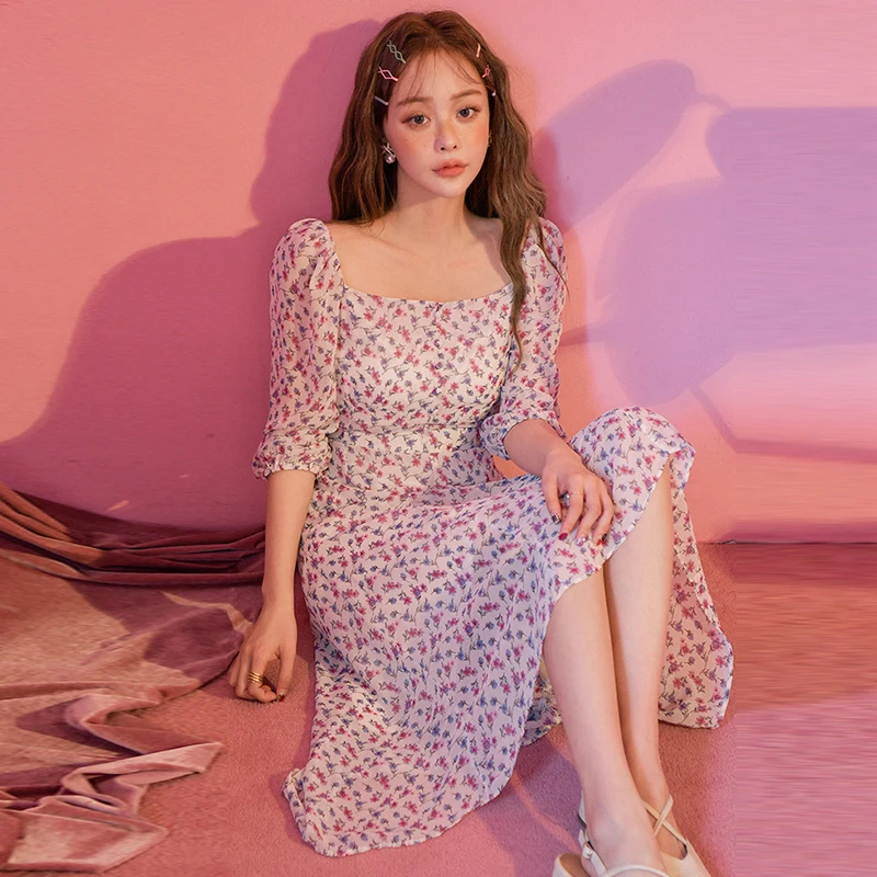 

Summer Slim Lady Dress Chiffon Square Neck Vintage Style Sexy Dress Midi Robe Femme Vestido Mujer Vestiti Donna