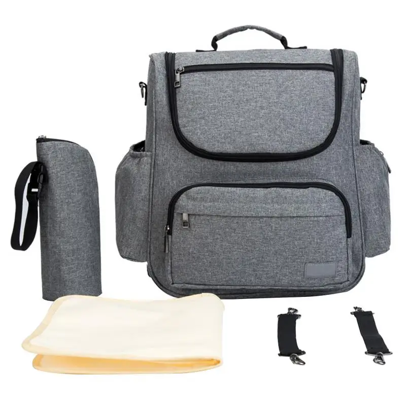 

Gray Mummy Bag Large Capacity Multi-function Portable Shoulder Bag Travel Diaper Bag Waterproof Backpack With Stroller Straps