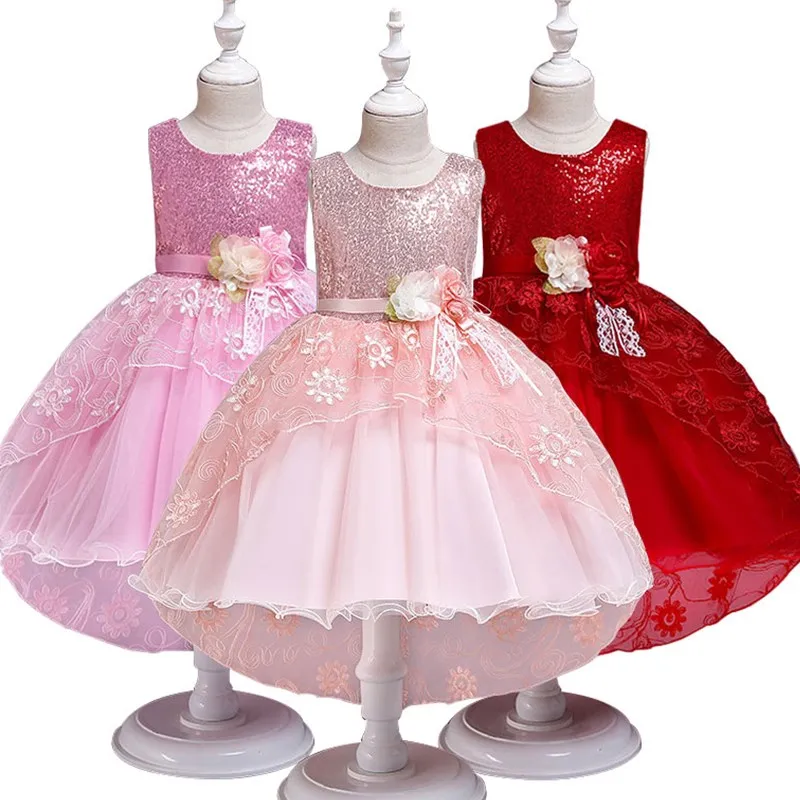 

Kid Girls Elegant Wedding Sequins Petals Girl Dress Princess Party Pageant Sleeveless Lace Tulle First Communion Gown for Girls