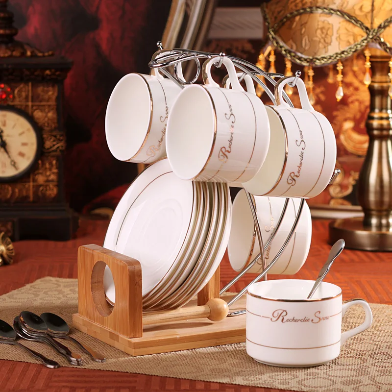 Tea Sets Fashion Bone China Coffee Cup Set D Angleterre Black Tea Sets Fashion Bone China Coffee Cup Set D Angleterre Black And Saucer Belt Wooden Stand Spoon Ceramic In Mugs From Home Garden