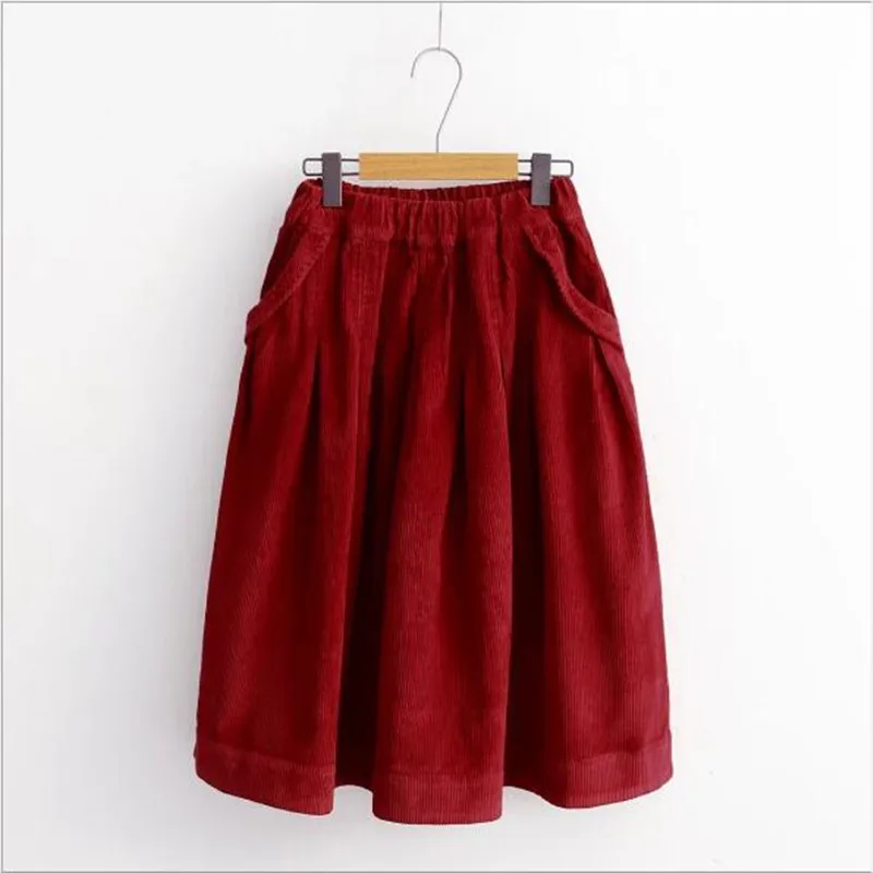 Ранняя весна японский стиль Вельветовая однотонная трапециевидная юбка Мори для девушки QV643
