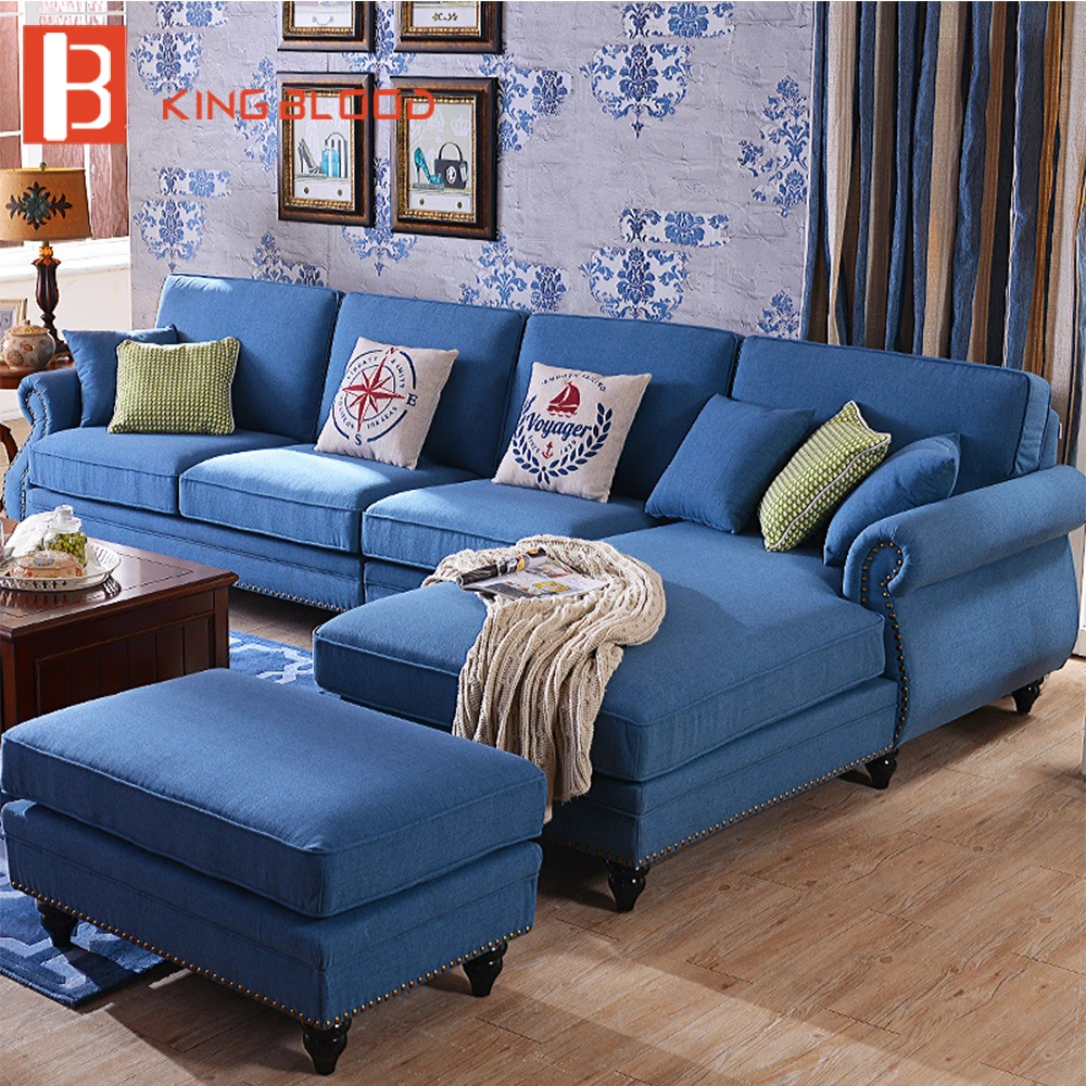 الأمريكية غرفة المعيشة وحدات الزاوية أعلى الأزرق الكتان النسيج أريكة مجموعة مع كرسي العثماني