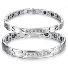 Lovers’ Stainless Steel Hologram Bracelets with Cubic Zirconia + Magnet Stone Inlaid Women Men Health Care Jewelry GS3072