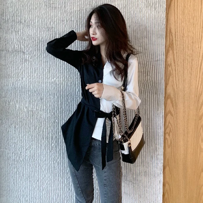 

LANMREM 2019 new summer fashion autumn korean full sleeves turn-down collar shirt contrast colors blouse WH50103