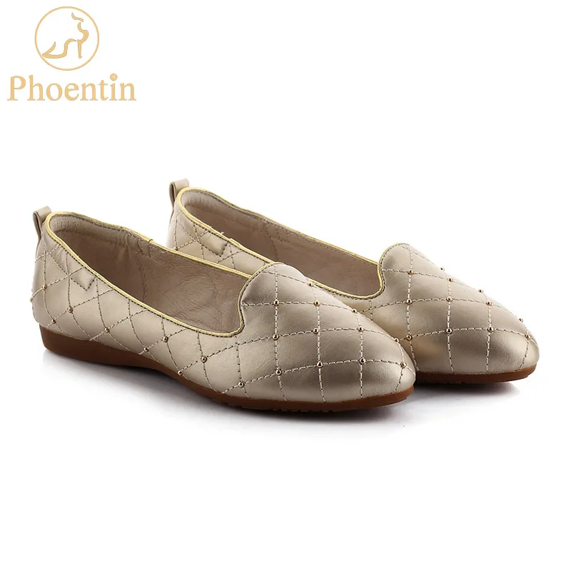 

Phoentin patent leather gold shoes rivet pigskin inside shallow loafers women pointed toe flats checkered woman shoes 2018 FT326