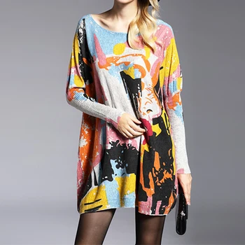 

Plus Size Sweater Women Knitted Sweater Long Sleeve Cartoon Print Loose Slimming Sweater 3 Color female autumn winter pullover