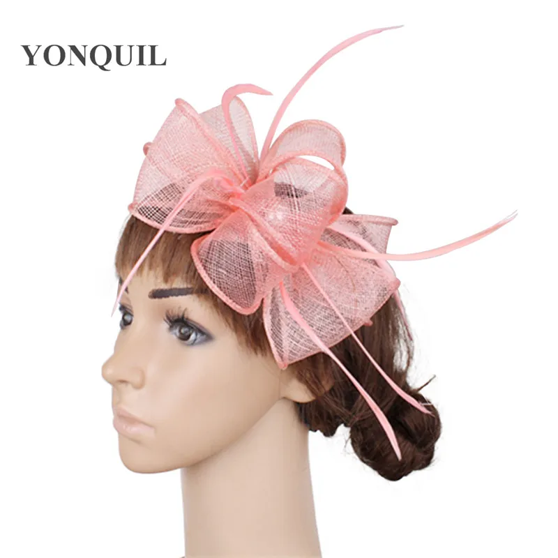 

Pink bowknot millinery sinamay fascinator hat nice feather hair accessories ladies cocktail headpieces 21colors available MYQ092