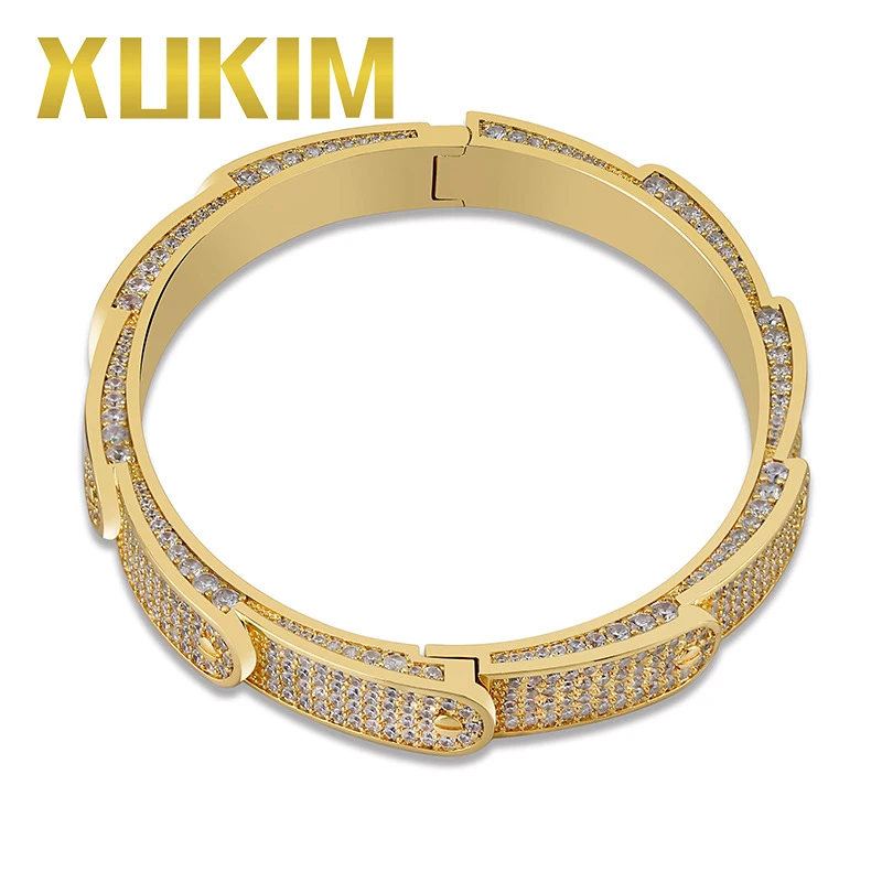 

Xukim Jewelry New Arrival Screw Circular Spike Bracelet Cuff Bangle Bling Gold Silver Color Iced Out CZ Hip Hop Jewelry Gift