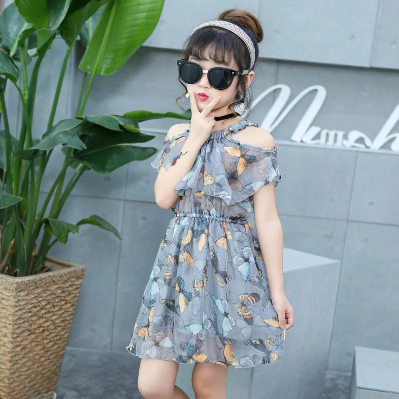 

Floral Sweet Girls Dress Summer New Style Off-The-Shoulder Children Princess Dress A-line Slim Toddler Teens Kids Party Clothes