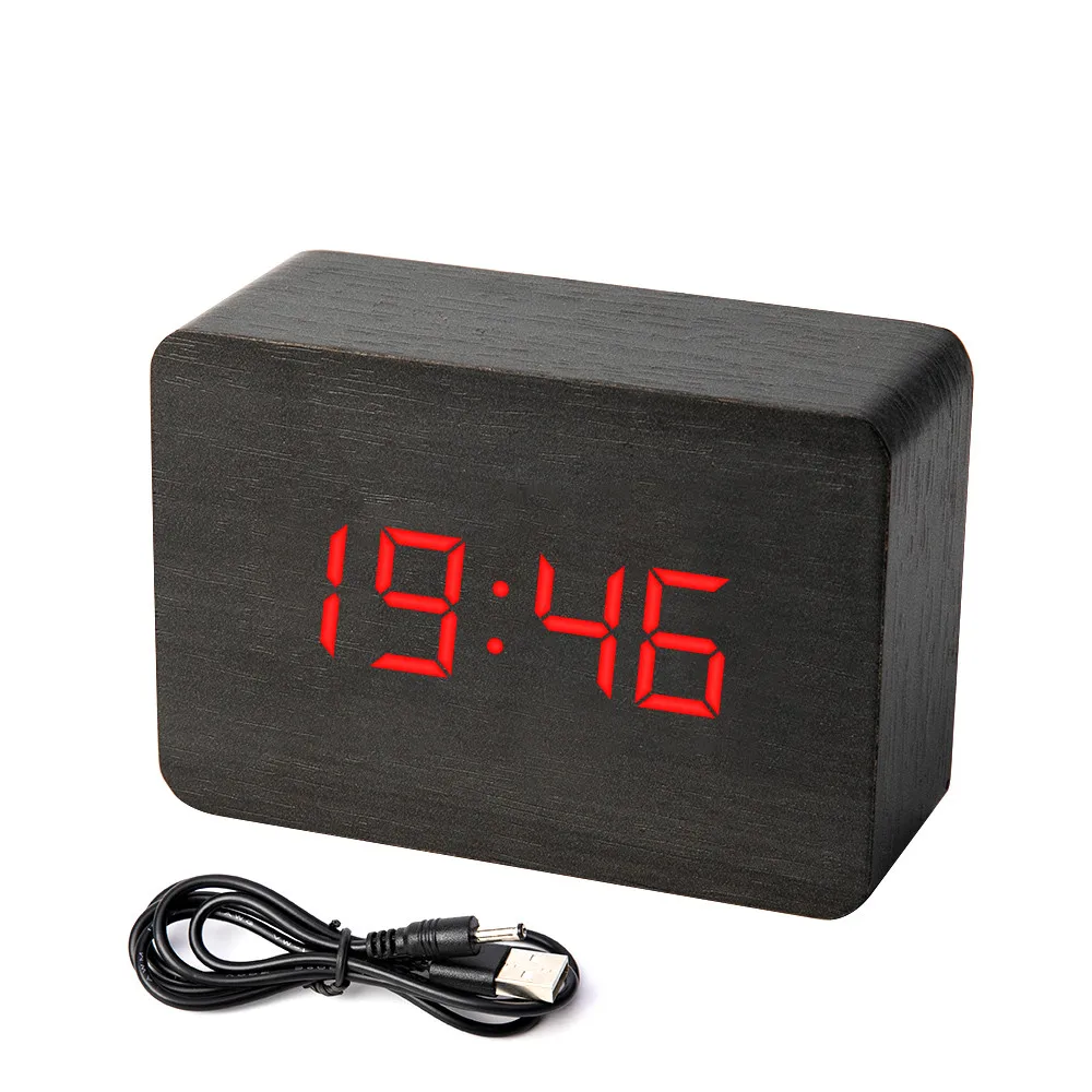 Кубические деревянные часы цифровой светодиодный Настольный будильник термометр управление звуками светодиодный дисплей календарь BestSelling2018Products - Цвет: B-Black wood red