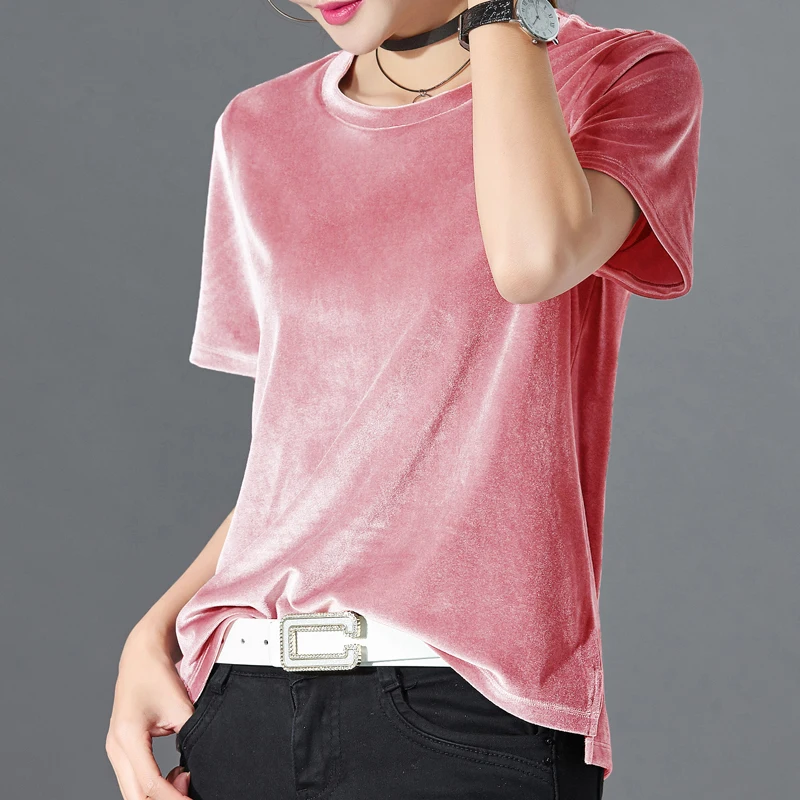 Buy Velvet T Shirt Women Tops Tee O Neck Solid Color