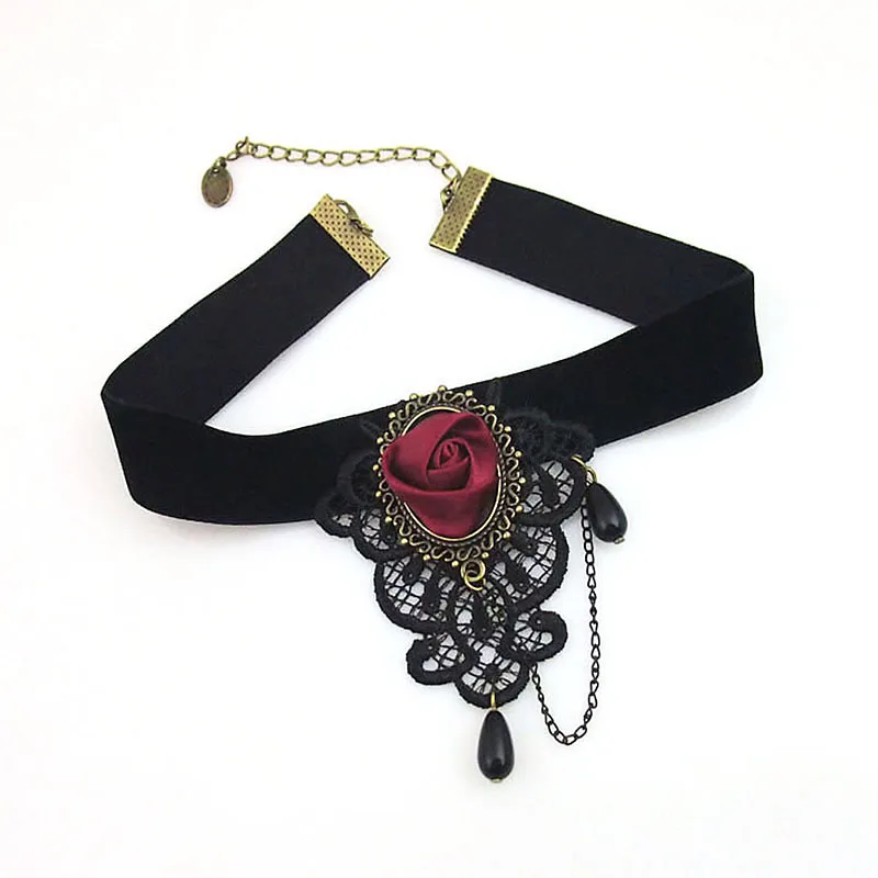 

Womens New Red Flower Rose Black Lace Ribbon Tassel Choker Collar Faux Pearl Drop Handmade Necklace Lolita Gothic Vintage Retro