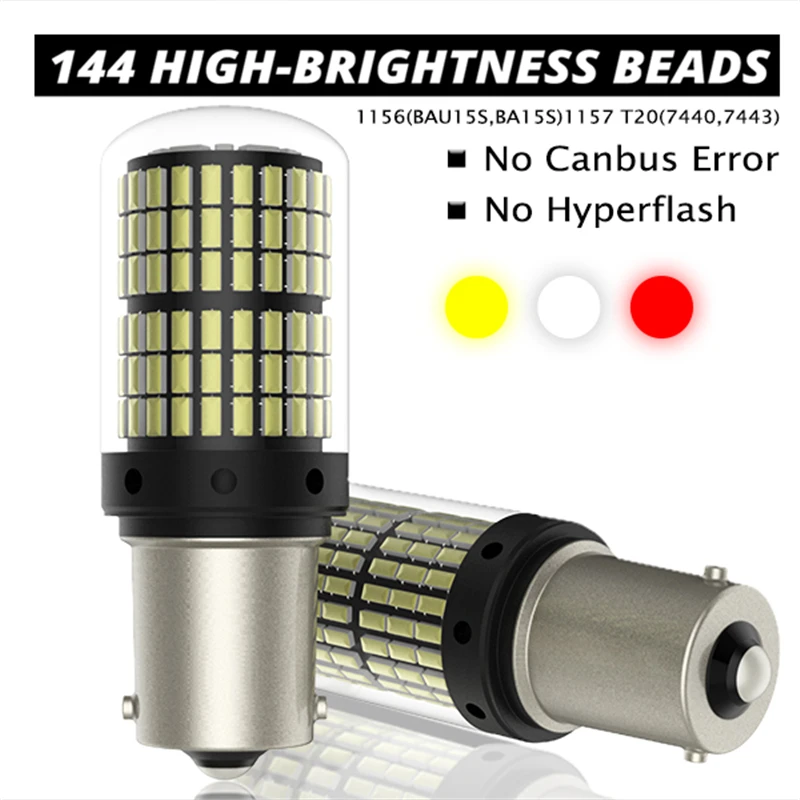 Koop 1 st T20 7440 W21W Led lampen 3014 144smd led CanBus Geen Fout 1156 BA15S P21W BAU15S PY21W led lamp voor Richtingaanwijzer Geen Flash