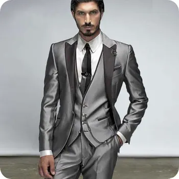 Najtaniej Pokoje Dla Niepalących Kurtka Szary Męskie Klasyczne Garnitury Groom Smokingi ślubne Slim Fit Terno Masculino Najlepszy Człowiek Blazers 3 Sztuka Płaszcz Spodnie Kamizelka