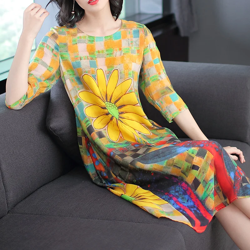 

Women's Round Neck Floral Print Silk Dress Large Size Loose Three Quarter Sleeve Dresses for Women Yellow Clothing Vestidos 2251