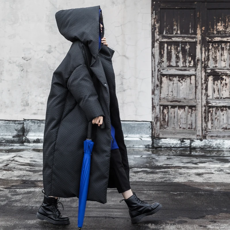 

IRINAY201 2018 Winter New Collection black dobby casual hooded x long oversized winter coat women white duck down jacket
