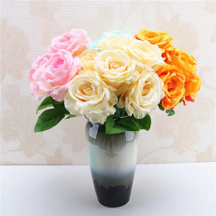 11.5cm Artificial Rose Flowers for Wedding Home Garden Decoration Bride Wedding Bouquet 6 Flowers Heads with Green Leaves