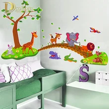Мультяшные Животные Жираф из джунглей слон птицы дерево стены стикеры Детская комната украшения виниловые 3D Детские Наклейки на стены постер для детской комнаты