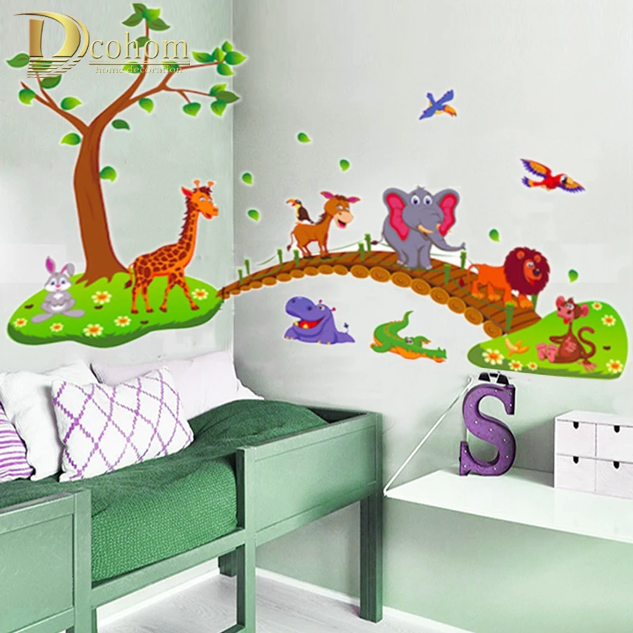 Cartoon Animal Jungle Giraffe Elephant Birds Tree Wall Sticker Kids Room Decoration Vinyl 3D Children Wall Decals Nursery Poster