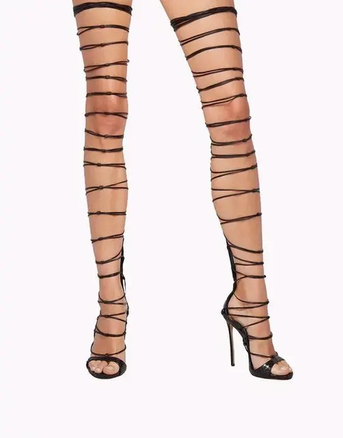 

Lady Pleather Open Toe Fashion Cut Out Lace Up High Heels Over the Knee Boots Shoes for Woman, plus size 4-14, Party&Casual