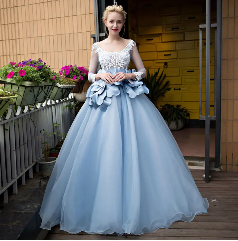 

light blue big flower waist beading luxury medieval dress ball gown siss princess Gown queen Cosplay Victorian Belle ball