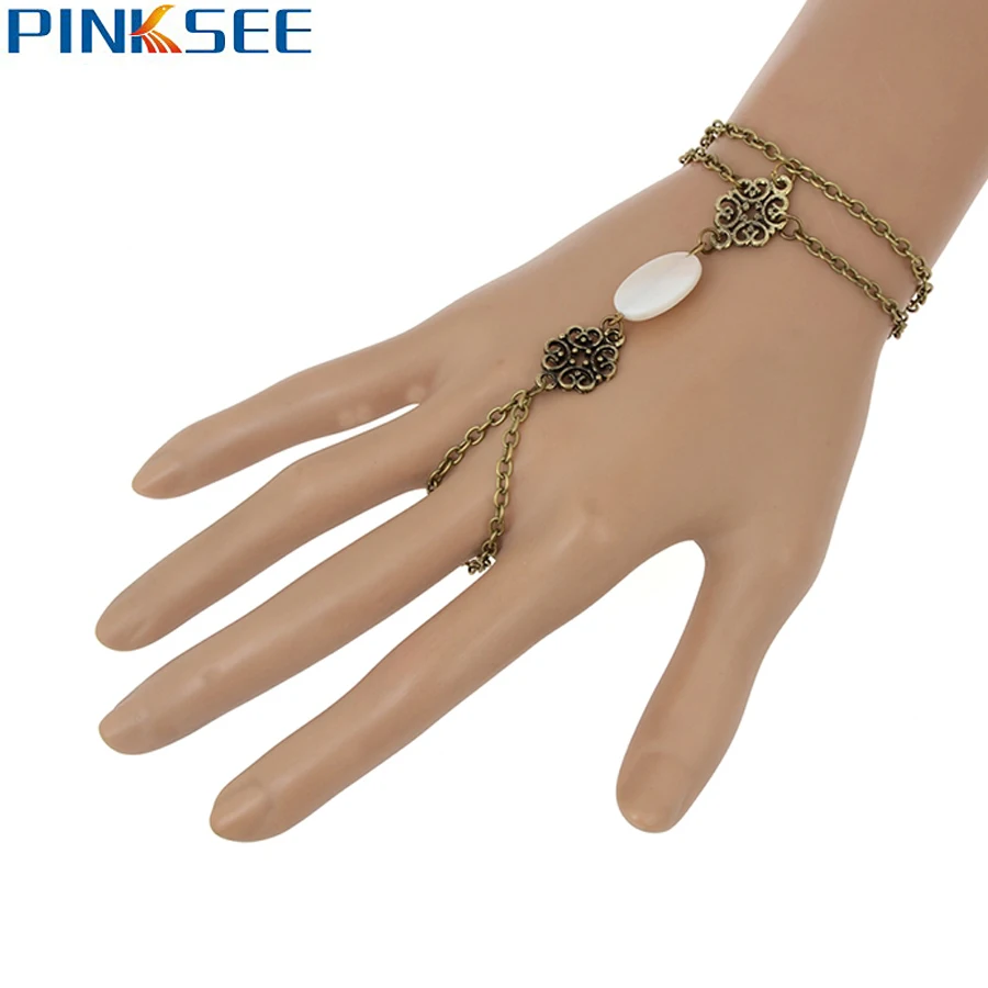 

Women Bohemian Tassel Shell Slave Bracelet & Bangle Finger Harness Hand Hollow Flower Chain Jewelry Summer Beach Style