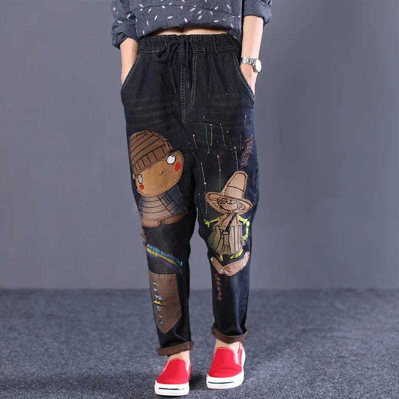 

Heavy Embroidery National Wind Sen Female Line Printing Cartoon Jeans Hole Elastic Waist Harem Pants Casual Pants Radish